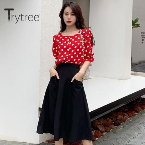 Trytree Summer Women two piece set Casual Square Collar Dot Red Top + Skirt Solid Pockets A-line Fashion Mid-Calf 2 piece set