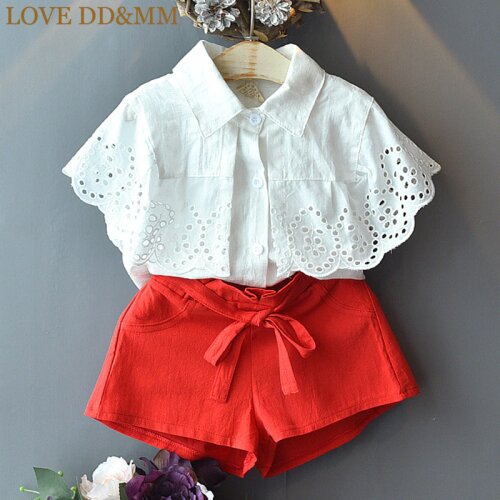 LOVE DD&MM Girls Sets 2021 Summer New Childrens Wear Girls Fashion Openwork Lace Side Doll Shirt + Shorts Foreign Gas Suit