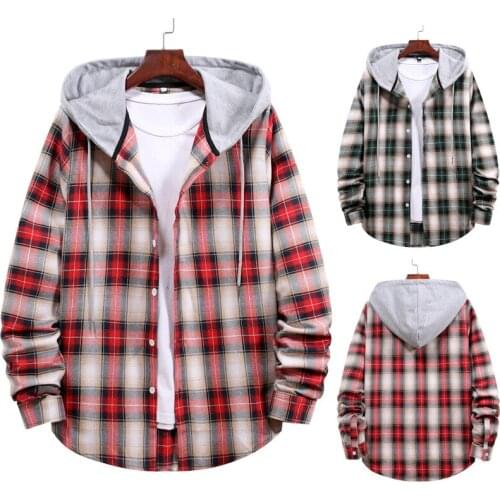 Mens Plaid Shirt Korean Casual Couple Hooded Shirt men clothing mens fashion clothing trends men shirts