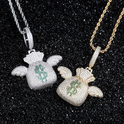 Mens iced out jewelry bling bling cz inlay angel wing money bag pendants necklacesd out pendants