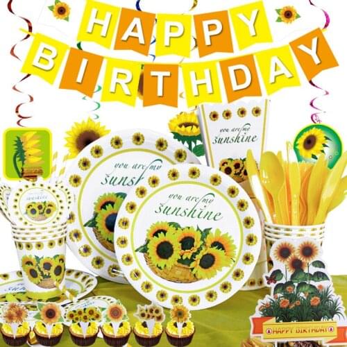 Sunflower Party Disposable Tableware Set Birthday Banner Hanging Swirls Paper Plates Cups Baby Shower Sunflower Decorations
