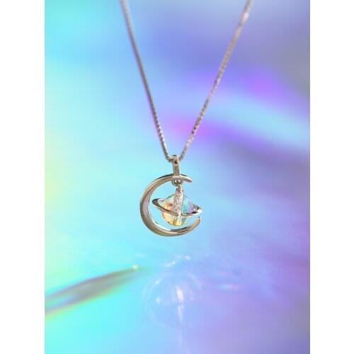 S925 Sterling Silver Necklace Womens Clavicle Chain With Shining Galaxy Moonlight Fantasy Fairytale Style For Cute Girl Women
