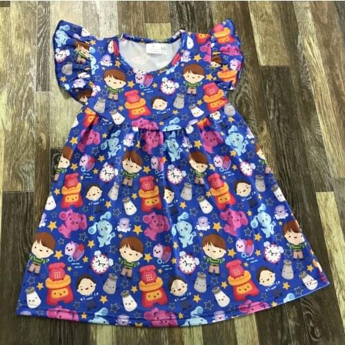 Popular Kids clothing Little Baby girl Summer cute blue round collar boy dog alarm clock full print pearl dress