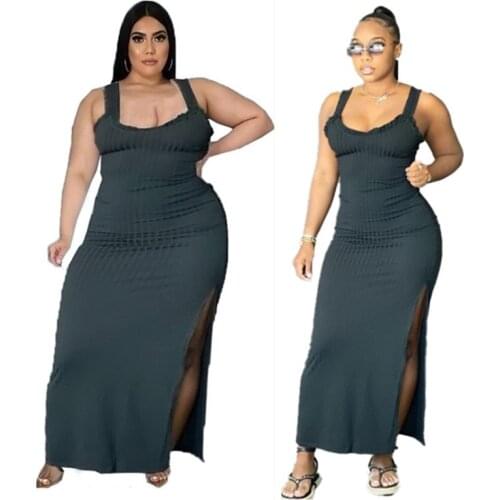 Plus Size Women Clothing Knitted Ribbed Sexy Casual Split Fork Solid Color Sling Long Dress 4xl Elegant Wholesale Dropshipping