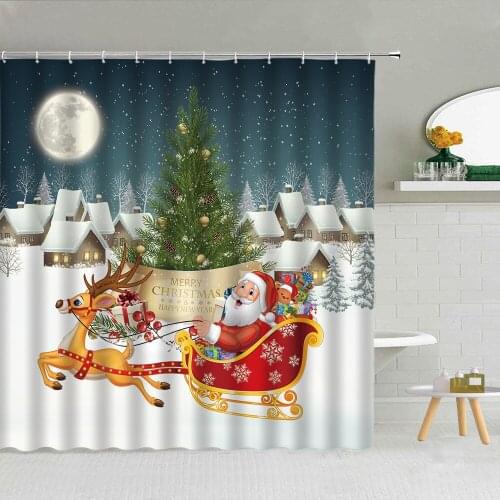 Merry Christmas Shower Curtain Santa Claus Elk Fireplace Polyester Fabric Bathroom Supplies Hanging Curtains Home Indoor Decor