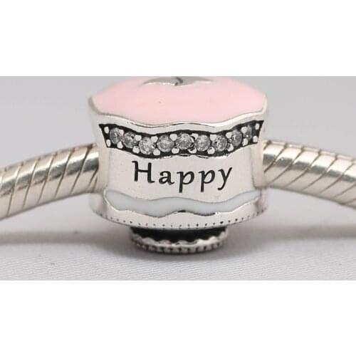 Authentic S925 Bead Happy Birthday Cake Charm fit Lady Bracelet Bangle DIY Jewelry