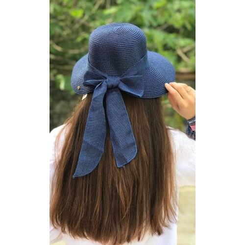 2021 Summer Women Big Bow Sun Navy Blue Bow Hat Style Vintage Design Wide Side Straw Hat Solid Color Anti-UV Holiday Beach Hat
