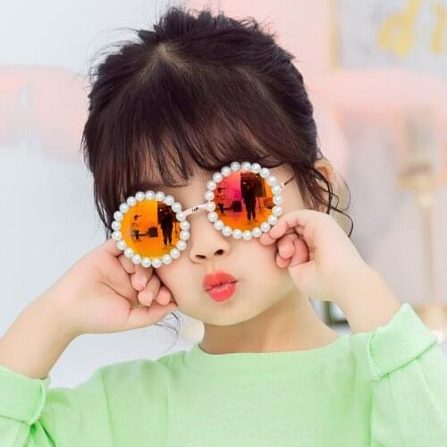 Cute Baby 2021 Kids Sunglasses Metal Round Pearl Girls Luxury Brand Pink Round Childrend Sun Glasses