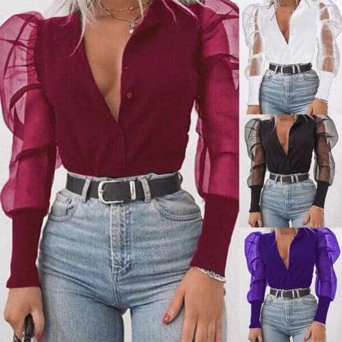 SNAWOOD Stylish Women Autumn V Neck Long Puff Sleeve Stand Collar Button Down Shirt woman лето 2020 женская одежда