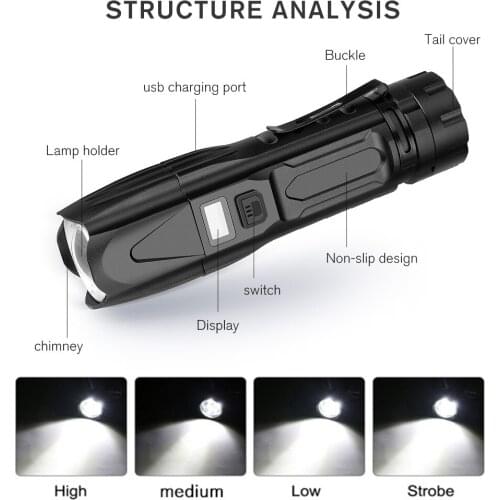 Super Bright P90 Flashlight 4 Modes One Key Switch Working Torch USB Charging Camping Lamp Telescopic Focusing Emergency Light