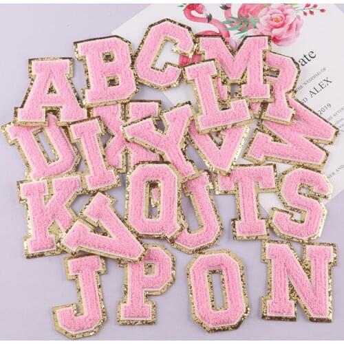 WhatIlife A-Z 26 Pink Plush Alphabet Golden Sequins Towel Patch Embroidered Appliques For Clothing Bags DIY Name Badges Stickers