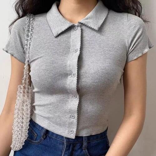 2021 Harajuku Wave line Lapel Women T-shirt Gothic Gray Vintage Center Buttons Girls tshirt Turn Down Collar Cropped Tee S510