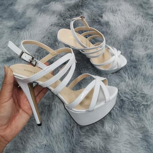Women Sandals Sexy Nightclub Ultra Fashion Bride Shoes 14cm Super High Heels Patent Leather Platform Ankle Strap Sandal Pumps
