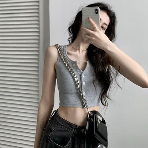 Summer Women Retro Cami Crop Top 2021 Streetwear Single-breasted Sexy Stretch Slim Short Style Rib Sleeveless Vest Bottoming Top