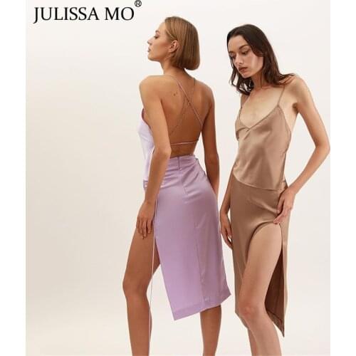 JULISSA MO New High Split Satin Midi Dresses 2 Pieces Sets 2021 Women Backless Strap Camis Dress Suit Femme Sexy Suits Partywear