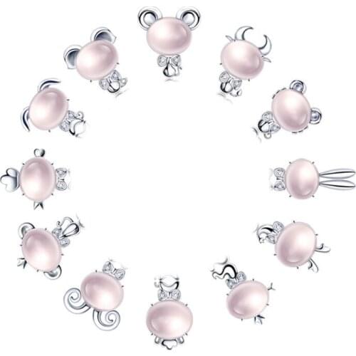 100% 925 Sterling Silver Chinese Zodiac pink opal gem stone Ladies' Necklaces Short Box Chain Women Jewelry Birthday Gift