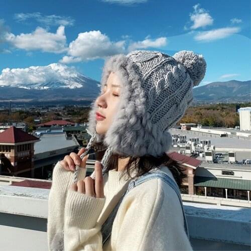2020 Fur Rabbit Winter Womens Hat Beanie Pompom Cute Wool Knitted Female Warm Snow Ski Caps Bomber Hats for Kids Boys/girls 034