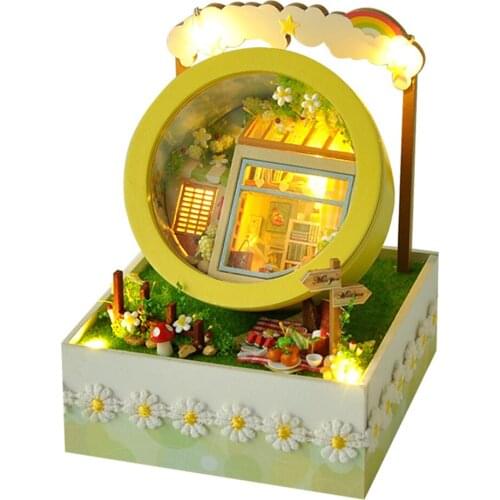 DIY 3D Handmade Dollhouse Flower Round Box Wooden House with LED Miniature Furniture Kit Building Kits Casa LED Toy Kid Gift