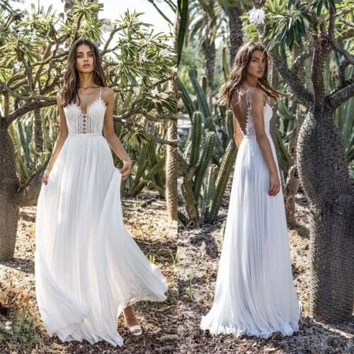 Boho Wedding Dresses Chiffon Spaghetti Straps V-Neck Open Back A Line Beach Vintage Bridal Gowns Robe Party Gowns Custom Made