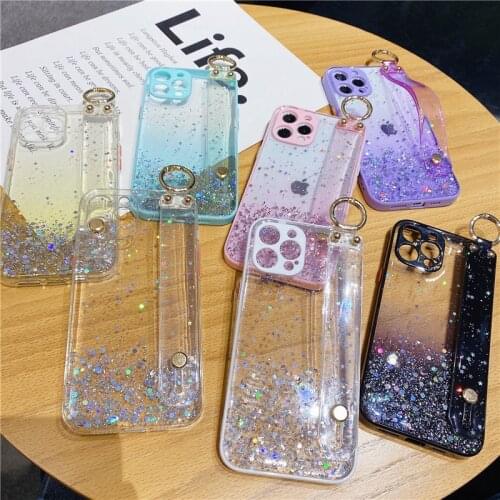 For OPPO A3S A52 A72 A92 A53 A31 A9 A5 2020 Realme C15 C12 C11 C3 5 5I 6I Sequins Glitter Transparent Wrist Strap Hand Band Case