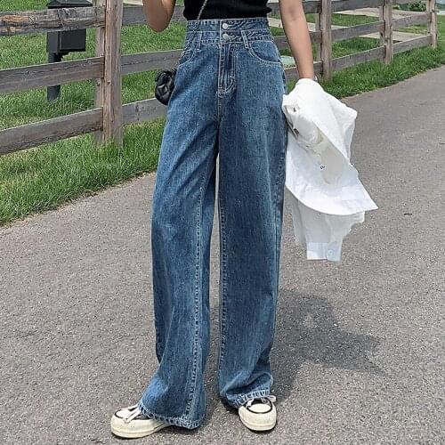 Women Jeans Straight Trousers Patchwork Mopping Vintage High Waist Leisure All-match Loose Ins Daily Korean Style Chic Ulzzang