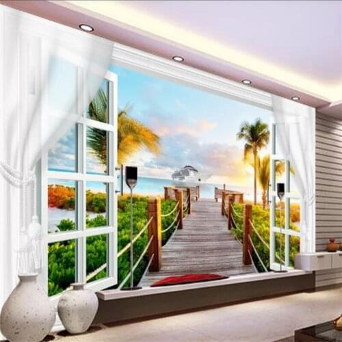 Beibehang Custom wallpaper photo murals living room landscape 3D window curtains coconut palm TV background wall paper 3d mural