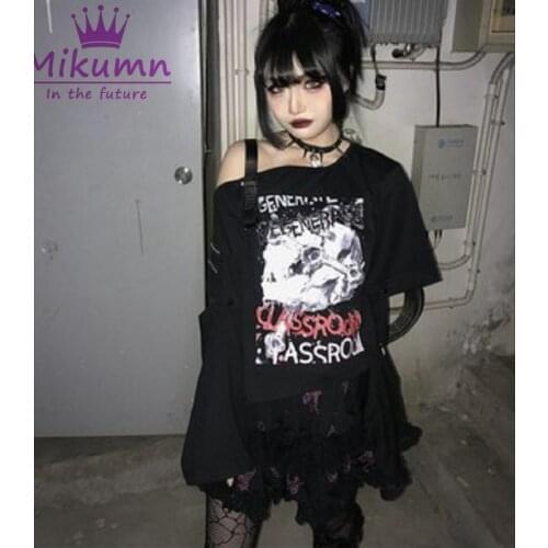 Punk T Shirts Japanese Hot Girl Black Skull Cross Printed Off Shoulder T-Shirt Top