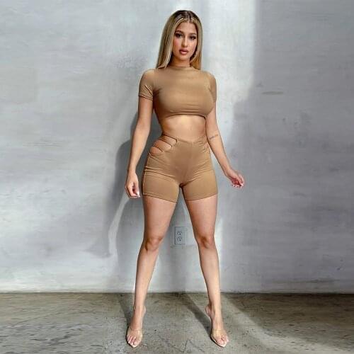 Activewear Side Hollow 2 Piece Short Suit Womens Clothing Elastic Short Sleeve T-shirt and Biker Short Casual Bandage Outfits