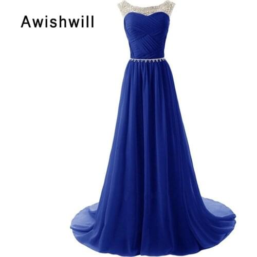 Hot Sale Cheap Cap Sleeve Beadings Chiffon Evening Dresses Long Special Occasion Party Dress Gown Royal Blue Pink White Black