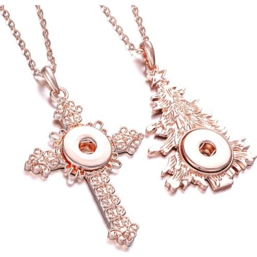 Newest Snap Jewelry Crystal Rose Gold Cross Christmas Tree Snap Button Necklace for Women Fit DIY 18mm 20mm Snap Button Jewelry