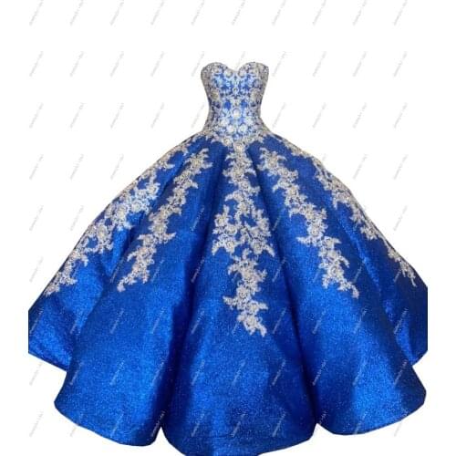Charming Gold Lace Applique Royal Blue Sequined Fabric Ball Gown Long Vestidos De 15 Años 2021 Dresses xv years QuinceaneraDress