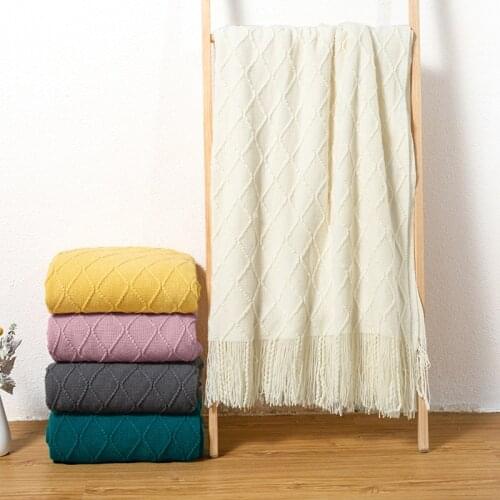 Rhombus Flower Casual Knitted Blanket Solid Color Waffle Embossed Nordic Decorative Sofa Bed Throw Thick Knitted Blanket