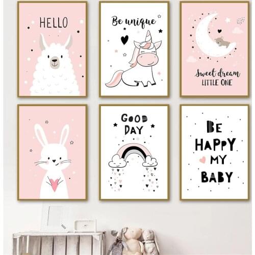 Pink Rabbit Canvas Print Moon Rainbow Poster Unicorn Wall Art Painting Quotes Baby Posters Nordic Wall Pictures Girls Room Decor