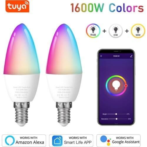 Tuya Smart WiFi LED Bulb E14 RGB CW Dimmable Light Bulb 5W Candle Bulb Work With Alexa Echo Google Home Assistant AC 100-240V