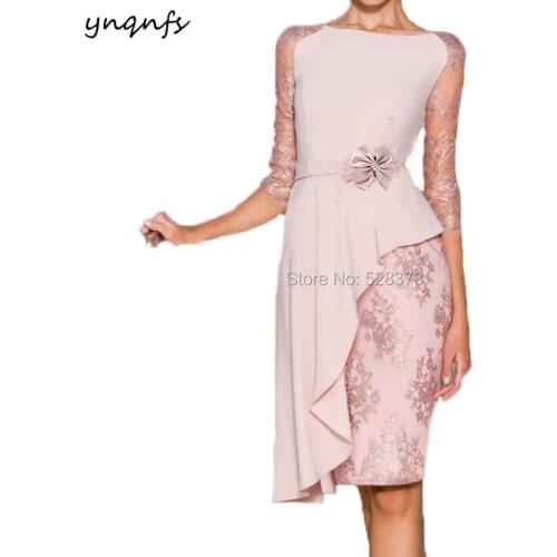 YNQNFS MD188 Elegant 3/4 Sleeve Asymmetric Ruffles Chiffon Skirt Lace Mother of the Bride/Groom Dresses Outfits Knee Length 2019