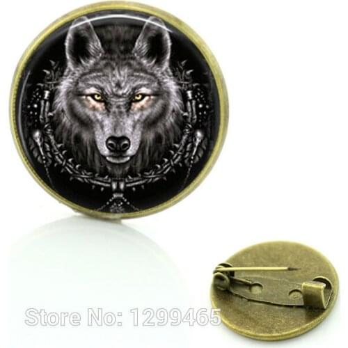 Animal jewelry Vintage Wolf Brooches pins jewelry Christmas gift Dress Accessories Black Glass cabochon dome pin C177
