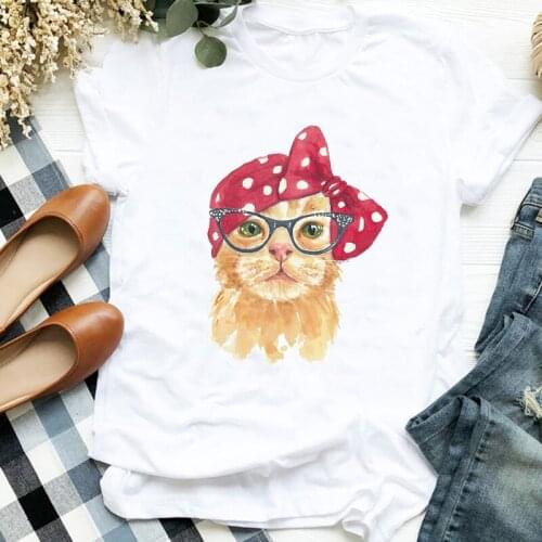 Women Lady Cat Animal Cartoon Fashion Casual 90s Style Print T Tee Womens Tshirt for Female Shirt Clothes Top Graphic T-shirt