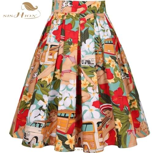 2021 Women Gothic Floral Printed Pleated Skirt Summer High Waist Korean Harajuku Japanese Pinup Retro Vintage Midi Skirts SS0012