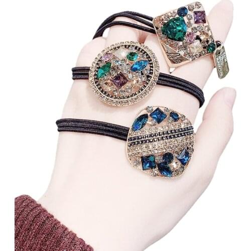 Women Hair Ties Elastic Rubber Bands Girl Crystal Zircon Geometric Korean Scrunchies Head Accessories Handmade Wholesale