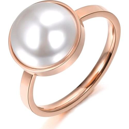 Classic 316L Stainless Steel Engagement Wedding Ring Simulated-Pearl Half Ball Design Jewelry For Women Gift R18044