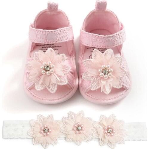 0-18M Baby Girl Embroidery Floral Pattern Princess Sandals Shoes Lace Flower Headwear Set