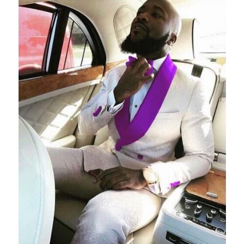 2020 Ivory Jacquard Men Suits Double Breasted Purple Shawl Lapel Blazer 2 Pieces Custom Made Wedding Suits Tuxedo For Groom Wear