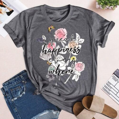 2021 Letter Print Women T-shirt Summer Casual Loose T Shirt Tops Base O-neck Flower Happiness Print Tees Female Girls T-shirt