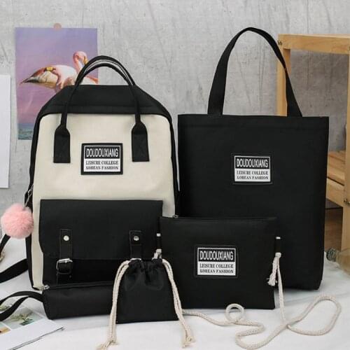 5pcs/1 Set Canvas Backpack School Bookbags Handbag Shoulder Drawstring Bag Pencil Case Bag for Women 2020