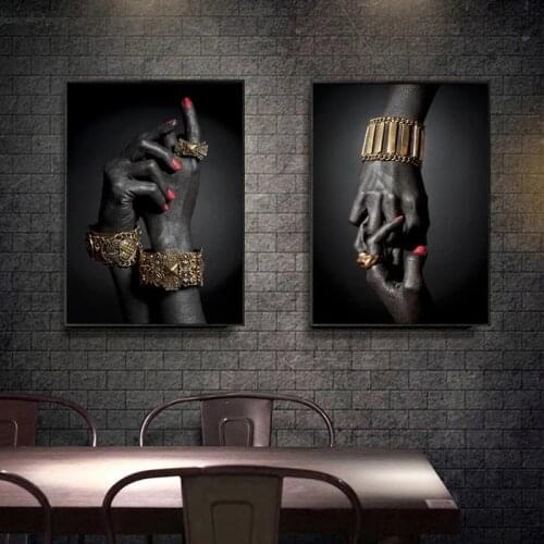 African Black and Gold Woman Hand Oil Painting on Canvas Posters and Prints Scandinavian Wall Art Picture for Living Room Decor