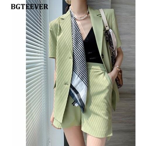 BGTEEVER Summer Elegant Women 2 Pieces Set Short Sleeve Jackets & Straight Shorts Casual Female Shorts Suits 2021