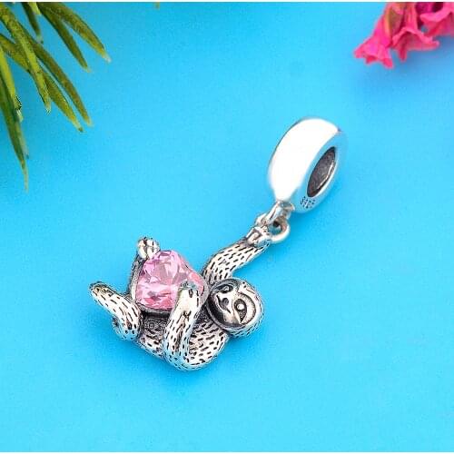 Fit Original Charm Bracelet 925 Sterling Silver Sloth Monkey Hug Pink Heart Zircon Stone Bead For Making Women Berloque 2021 New