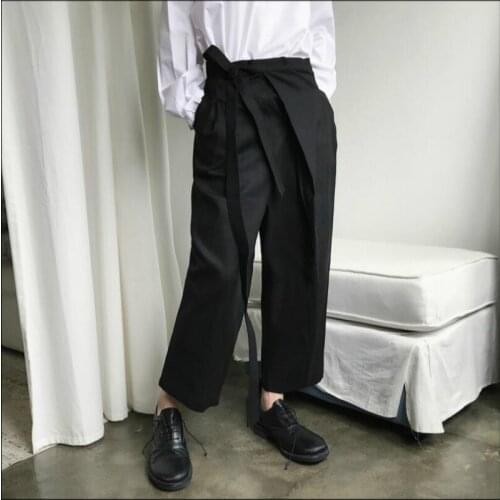 Men Harem Pants Linen Casual Pants Summer Personality Slanting Door Sling Strap Design Mens Cotton Loose Straight Pants M-6xl