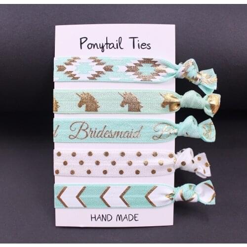 HT-5-048-5/8" baby Ponytail FOE elastic hair ties aztec unicorn bridesmaid chevron printed foe elastic 10 sets per lot (50 pcs)