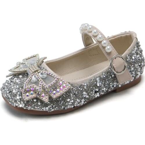 Baby Girls Pearl Crystal Bling Bowknot Princess Single Shoes Sandals Sweet Butterfly Sequins Sandals Soft-sole Rubber Kids Shoes